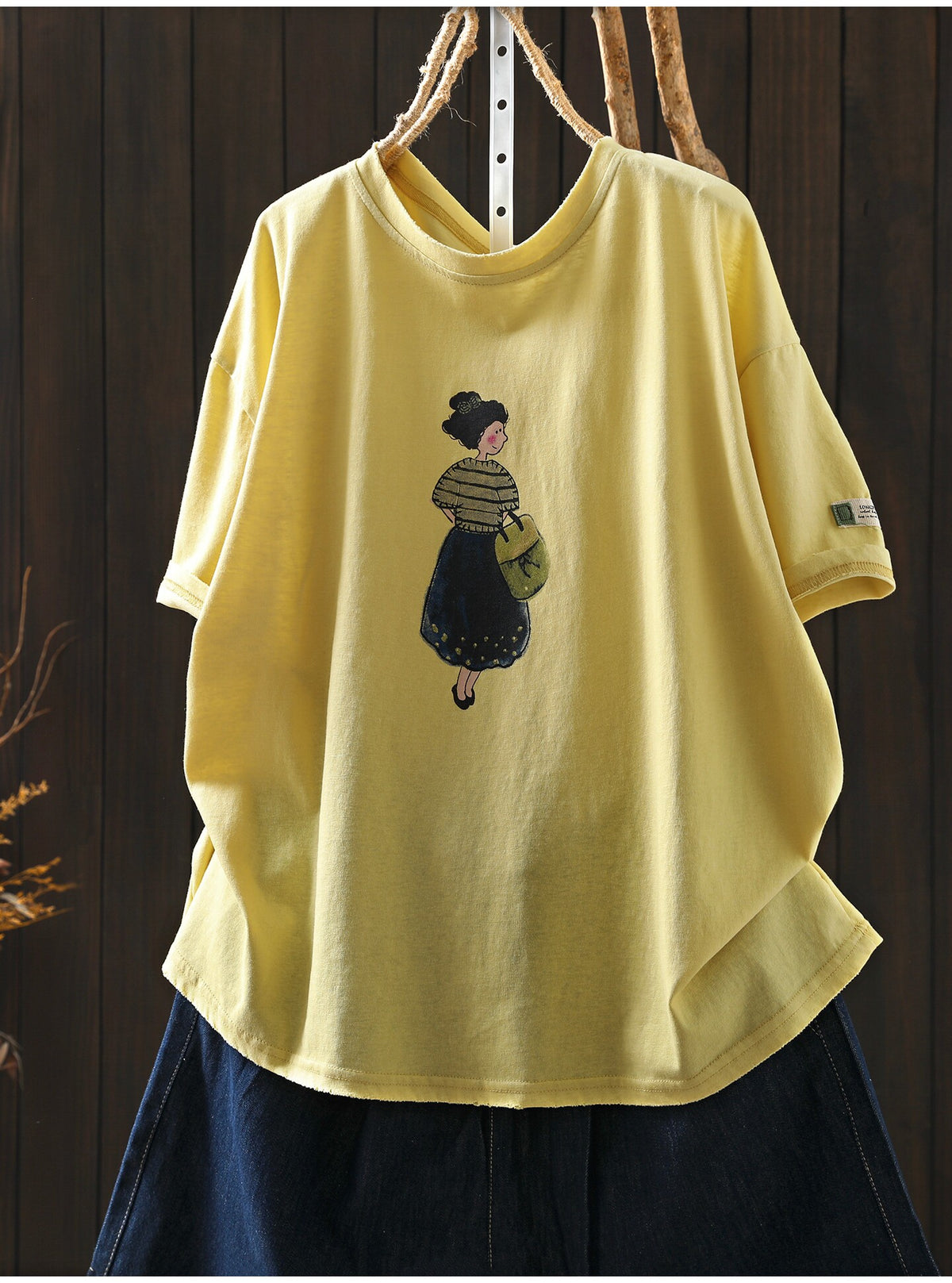 コットン ラウンドネック プリント Tシャツ