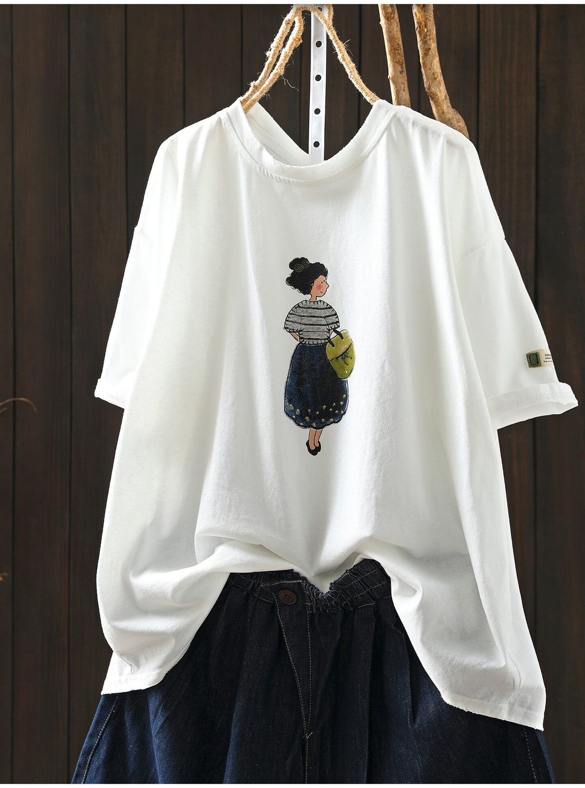 コットン ラウンドネック プリント Tシャツ
