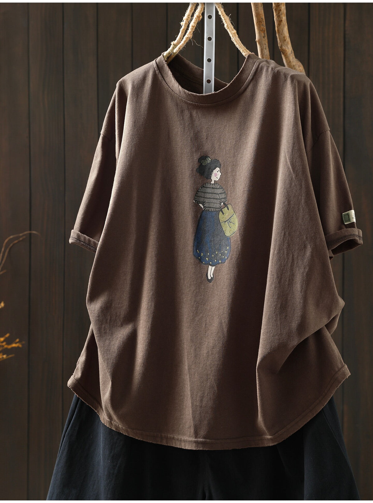 コットン ラウンドネック プリント Tシャツ