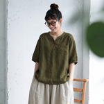 綿麻 Vネック ボタン 無地 五分袖 シャツ