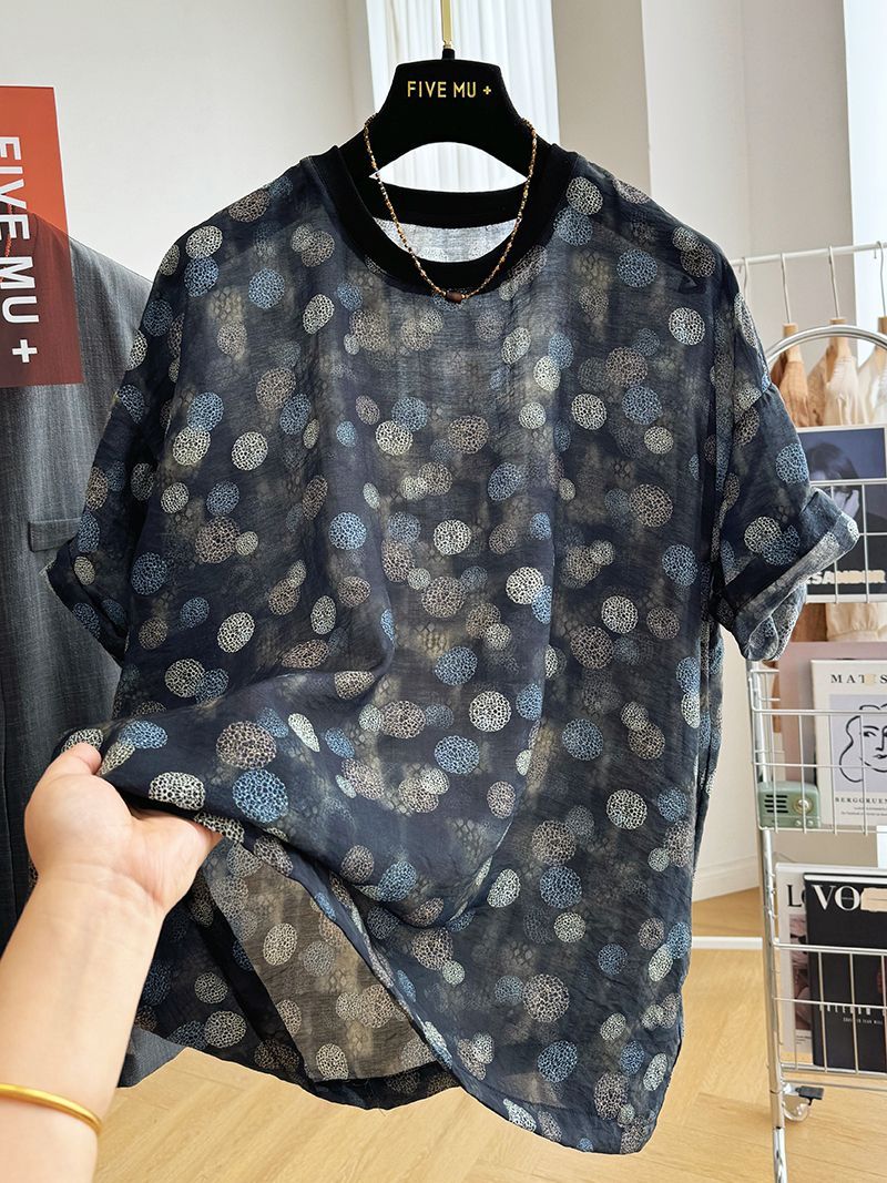 プリント ドット柄 半袖 ラウンドネック Tシャツ