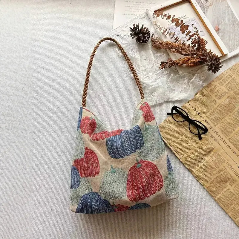 植物柄 編み キャンバスバッグ