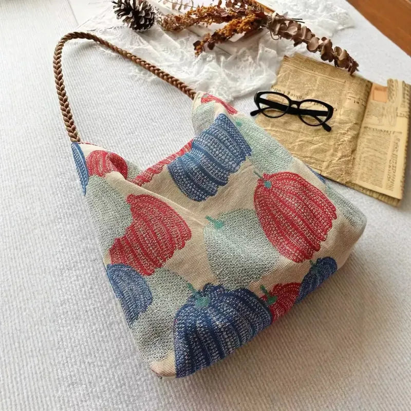 植物柄 編み キャンバスバッグ