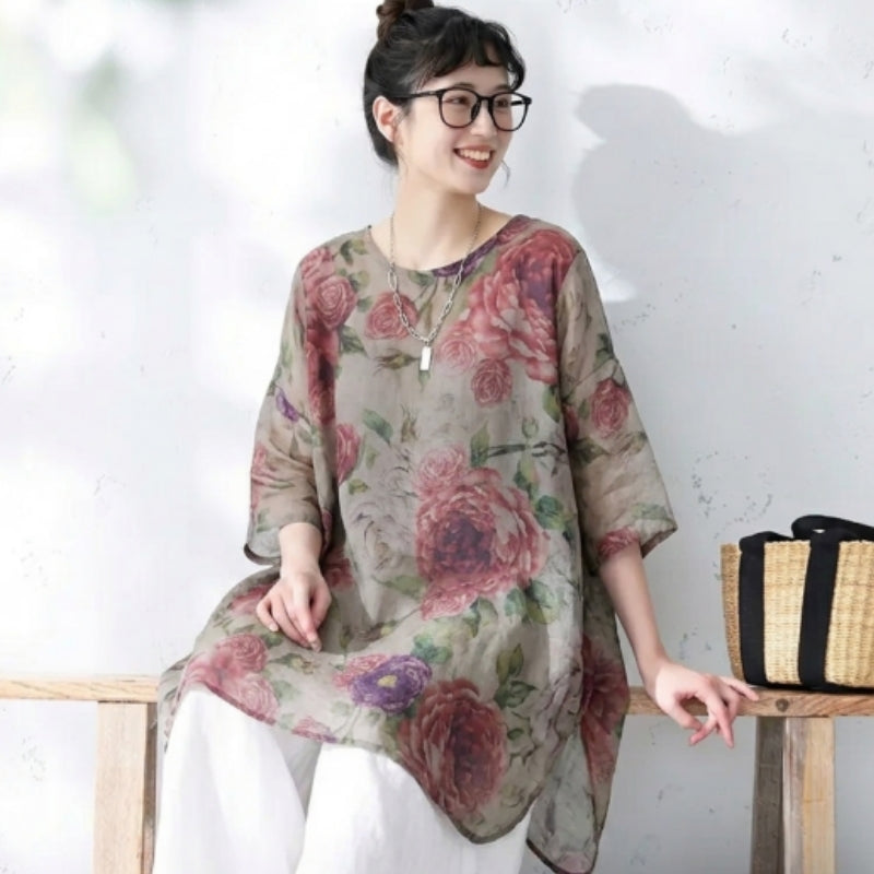 M～4XL リネン 七分袖 無地 プリント チュニック