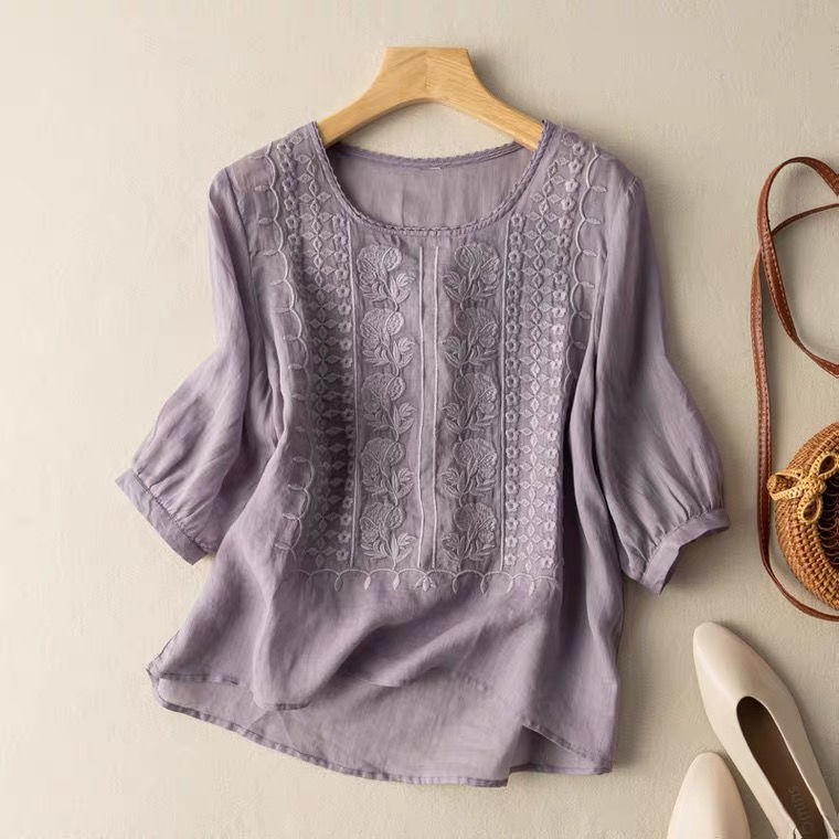 綿麻 刺繍 ラウンドネック 花模様 五分袖 Tシャツ