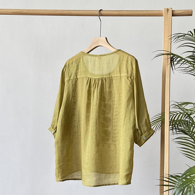 綿麻 刺繍 ラウンドネック 花模様 五分袖 Tシャツ