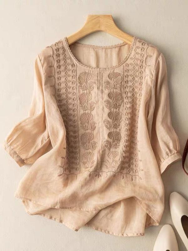綿麻 刺繍 ラウンドネック 花模様 五分袖 Tシャツ