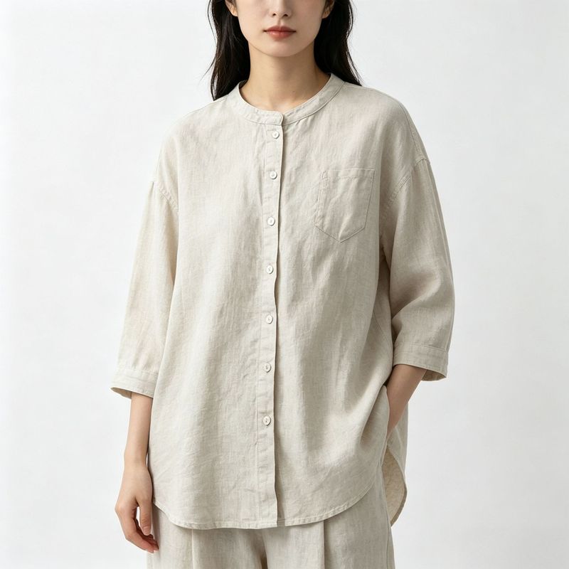 M～4XL スタンドネック ポケット付き 無地 七分袖 シャツ