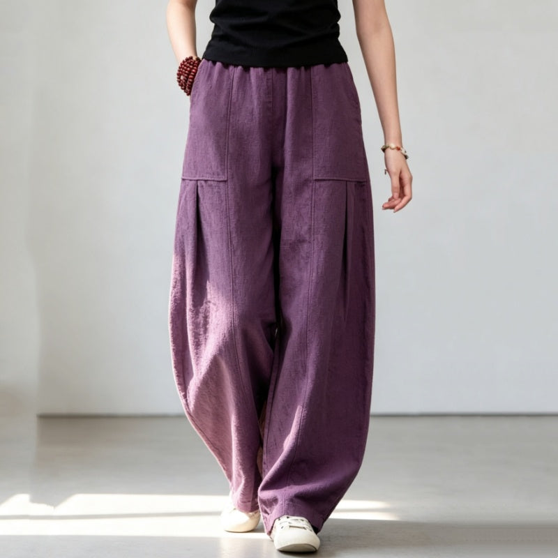 M～4XL リネン ロング丈 ポケット付き 無地 パンツ
