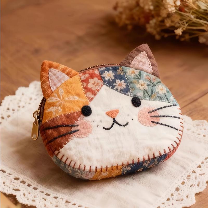 かわいい猫顔 ファスナー パッチワーク 布バッグ 財布 コインケース