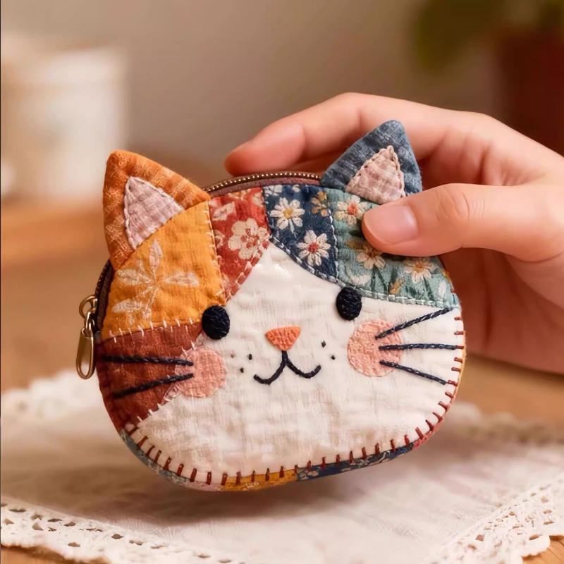 かわいい猫顔 ファスナー パッチワーク 布バッグ 財布 コインケース