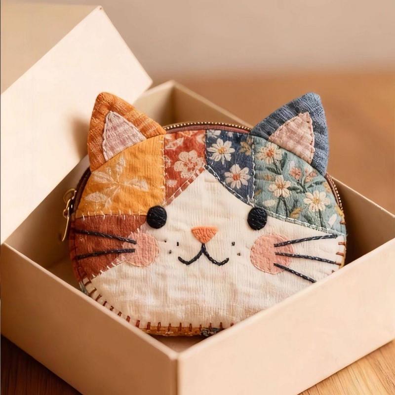 かわいい猫顔 ファスナー パッチワーク 布バッグ 財布 コインケース