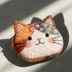 かわいい猫顔 ファスナー パッチワーク 布バッグ 財布 コインケース