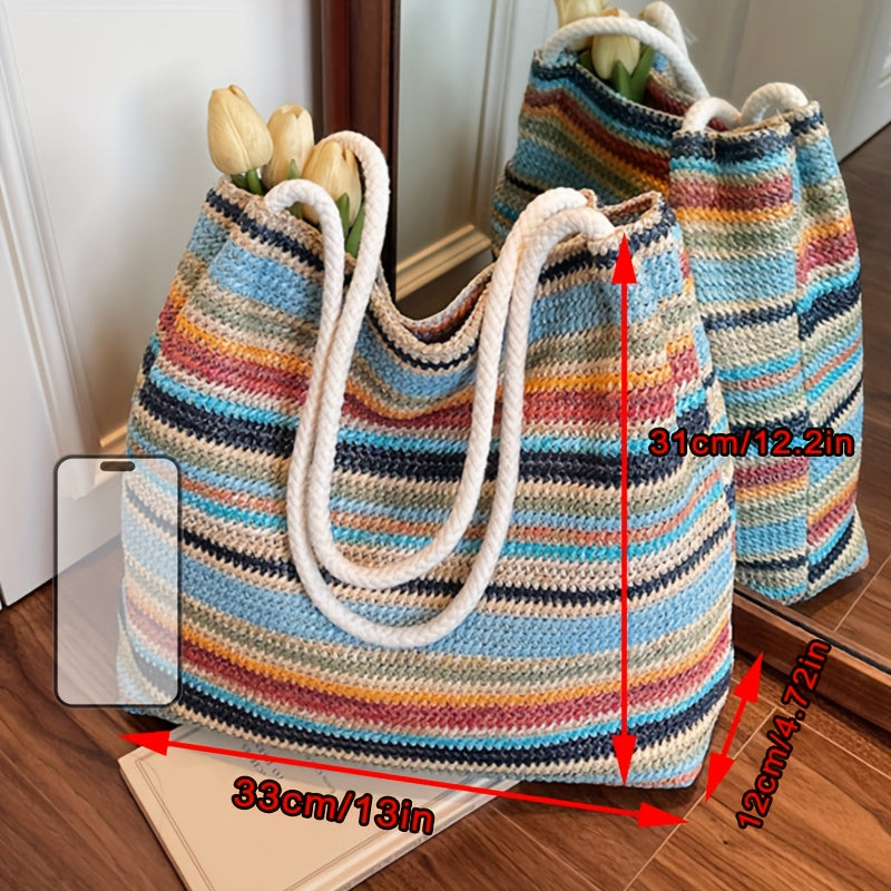 大容量 オープン 編み カラフル トートバッグ かごバッグ
