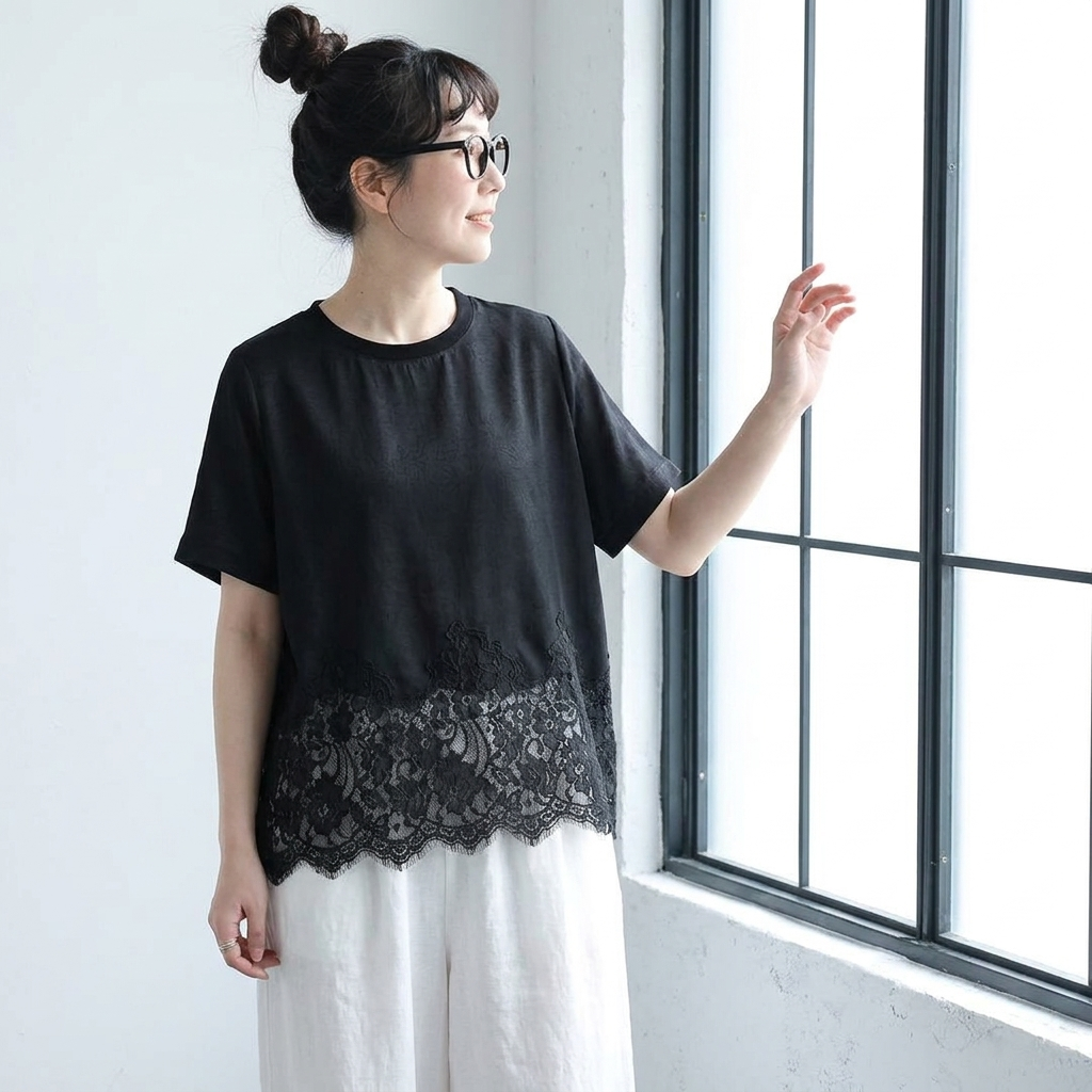 切り替え レース 半袖 ラウンドネック Tシャツ