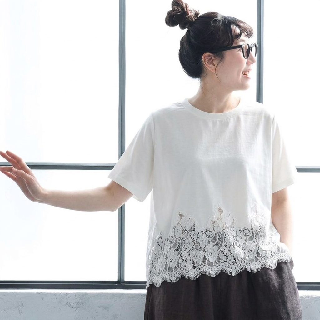 切り替え レース 半袖 ラウンドネック Tシャツ