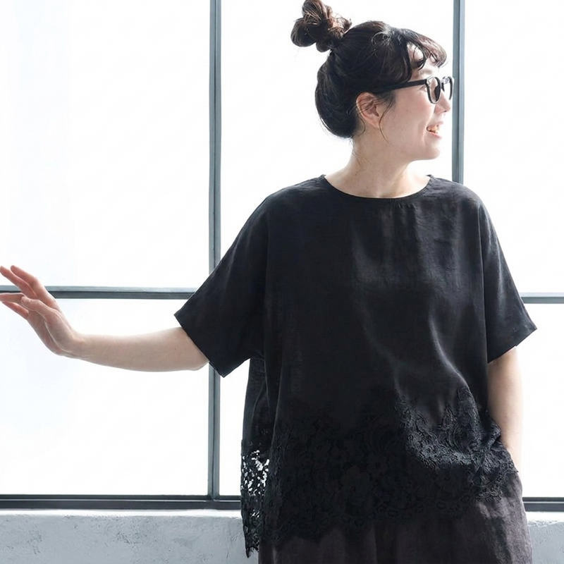 切り替え レース 半袖 ラウンドネック Tシャツ