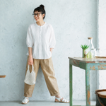 アンクル丈（9分丈） 七分袖 ランタンスリーブ 無地 プリーツ