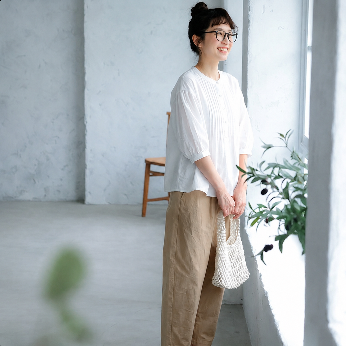 アンクル丈（9分丈） 七分袖 ランタンスリーブ 無地 プリーツ