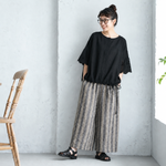 綿麻 ストライプ柄 五分袖トップス＆パンツ 2点セット