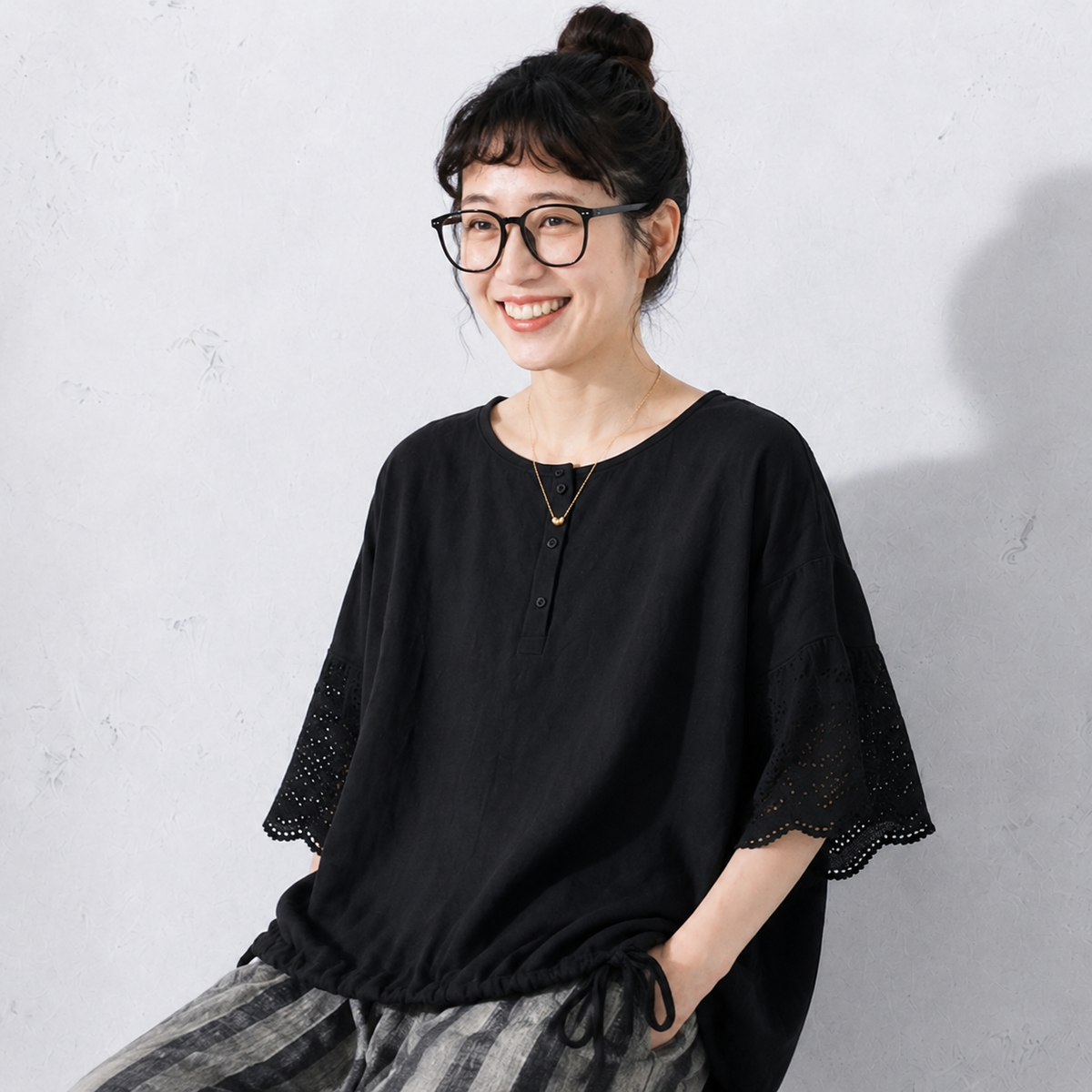 綿麻 ストライプ柄 五分袖トップス＆パンツ 2点セット