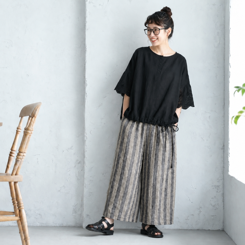 綿麻 ストライプ柄 五分袖トップス＆パンツ 2点セット