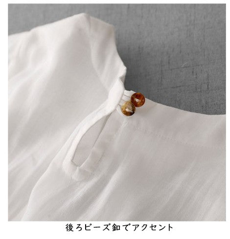 ナチュラル風 綿麻 刺繍入り Aライン 半袖ワンピース