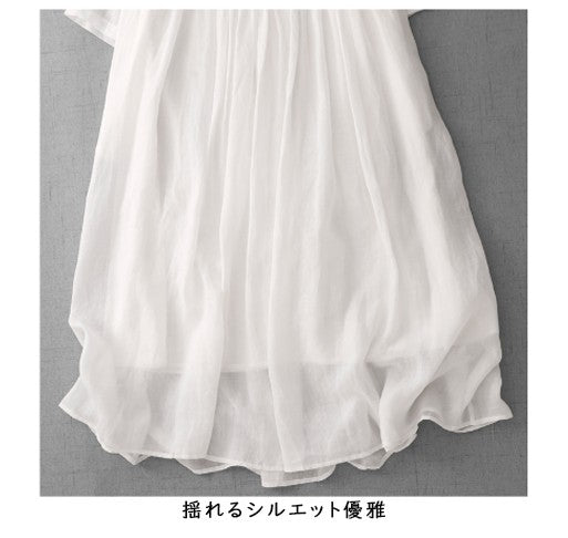 ナチュラル風 綿麻 刺繍入り Aライン 半袖ワンピース