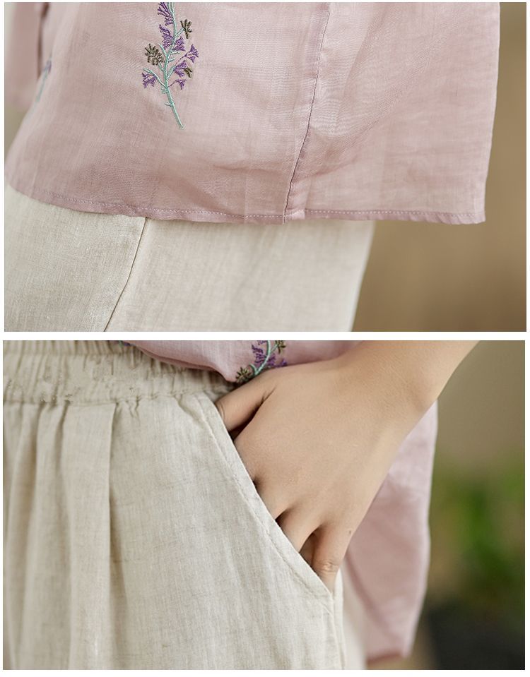 綿麻 セットアップ 刺繍 ボタン ロング丈 五分袖 トップス＆パンツ