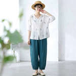 綿麻 セットアップ 刺繍 ボタン ロング丈 五分袖 トップス＆パンツ
