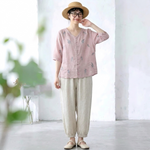 綿麻 セットアップ 刺繍 ボタン ロング丈 五分袖 トップス＆パンツ
