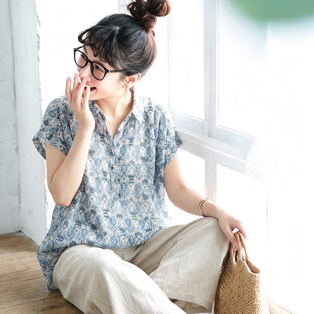 リネン生地 花柄 接触冷感 シャツ