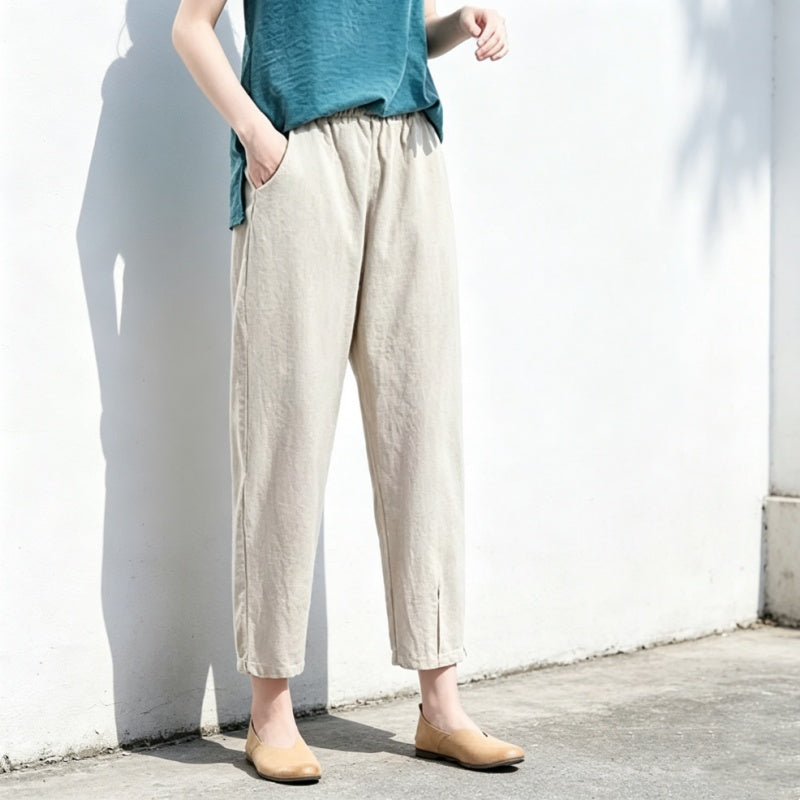 M～5XL 綿麻 アンクル丈（9分丈） 無地 カジュアルパンツ