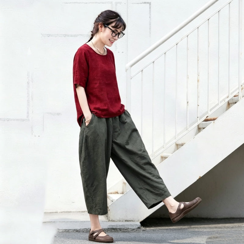 S～5XL 綿麻 ポケット付きアンクル丈ガウチョパンツ