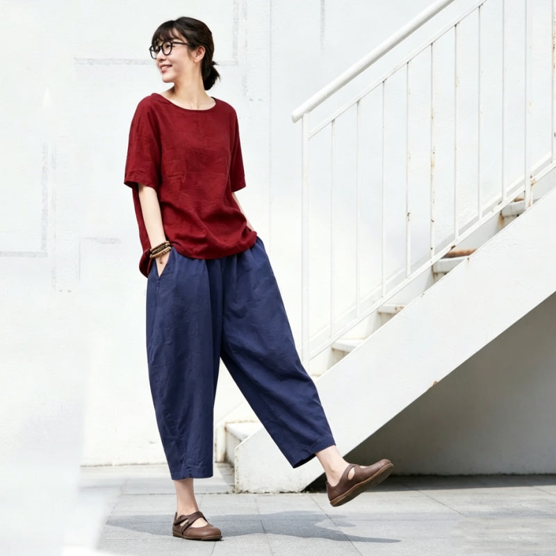 S～5XL 綿麻 ポケット付きアンクル丈ガウチョパンツ
