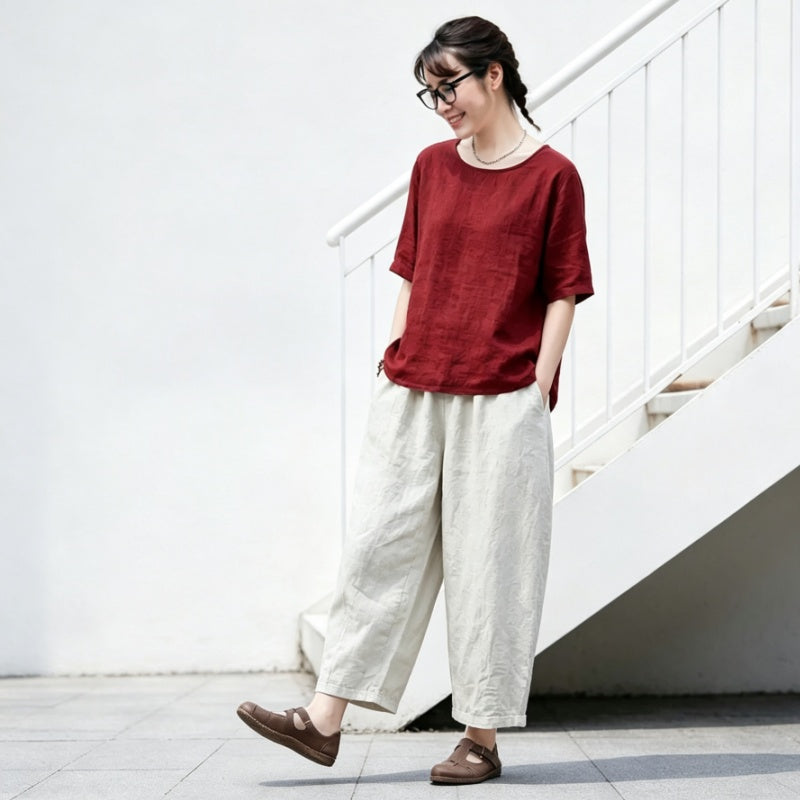 S～5XL 綿麻 ポケット付きアンクル丈ガウチョパンツ