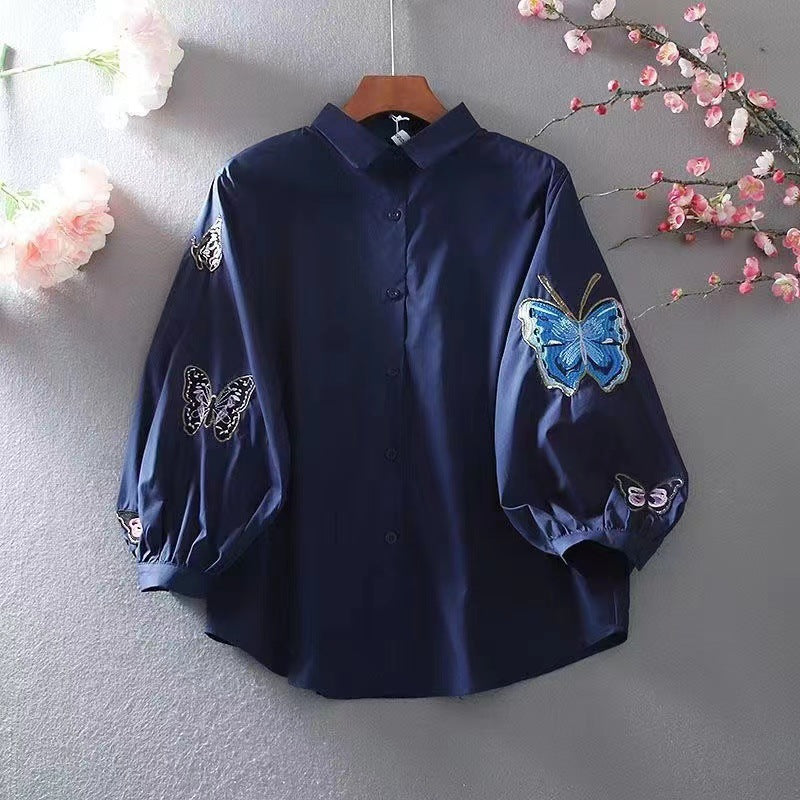 ちょっと遊んで蝶々刺繍シャツ バルーンスリーブ 長袖 ラウンドネック 刺繍 シャツ