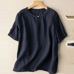 M～4XL 綿麻 無地 半袖 ラウンドネック ボタン シャツ