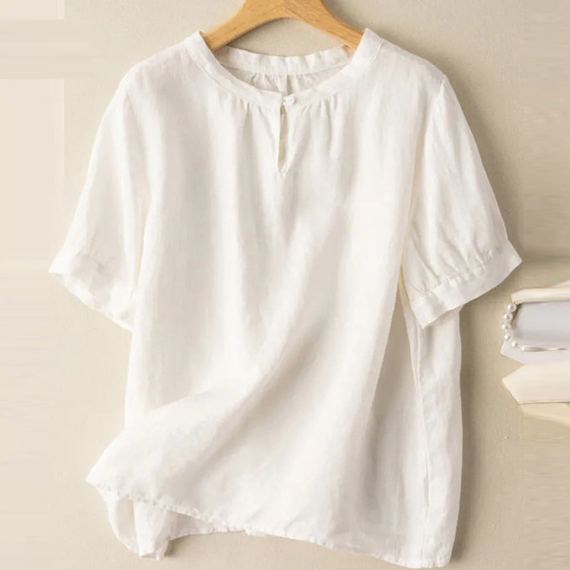 M～4XL 綿麻 無地 半袖 ラウンドネック ボタン シャツ
