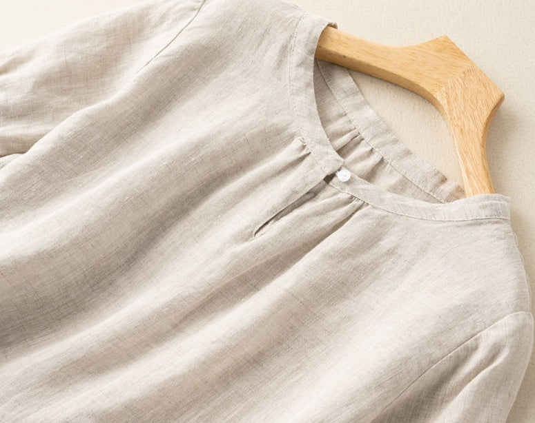 M～4XL 綿麻 無地 半袖 ラウンドネック ボタン シャツ