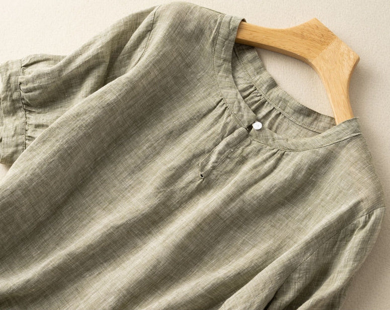 M～4XL 綿麻 無地 半袖 ラウンドネック ボタン シャツ