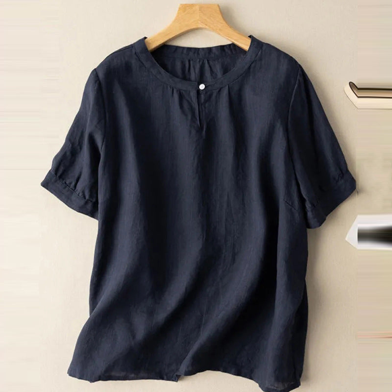 M～4XL 綿麻 無地 半袖 ラウンドネック ボタン シャツ