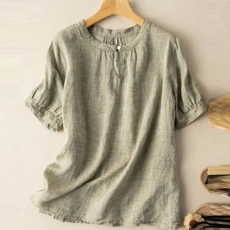 M～4XL 綿麻 無地 半袖 ラウンドネック ボタン シャツ