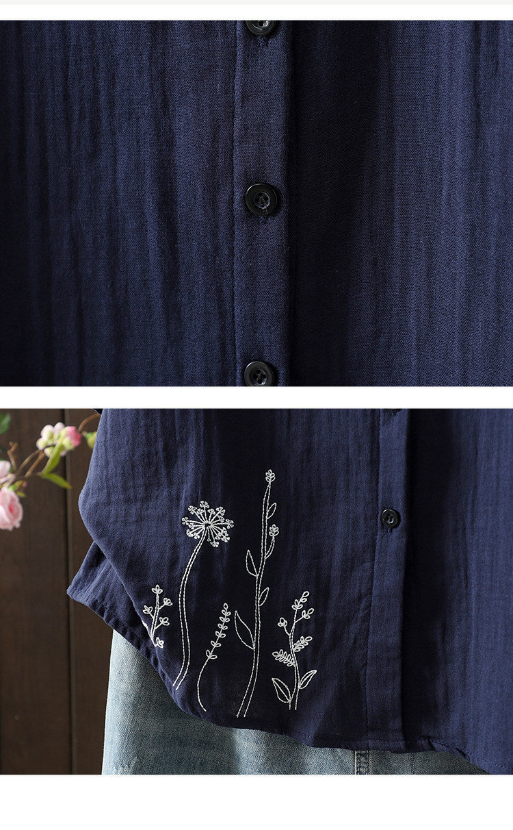 刺繍 ボタン開き ポロカラー 五分袖 シャツ