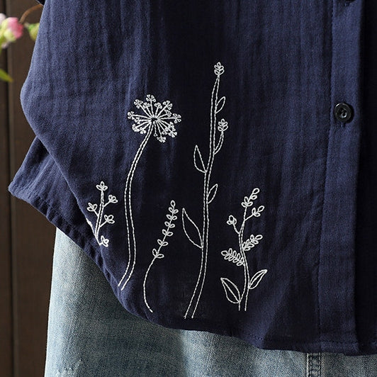 刺繍 ボタン開き ポロカラー 五分袖 シャツ