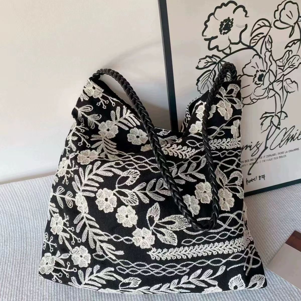 花刺繍 ショルダー トートバッグ