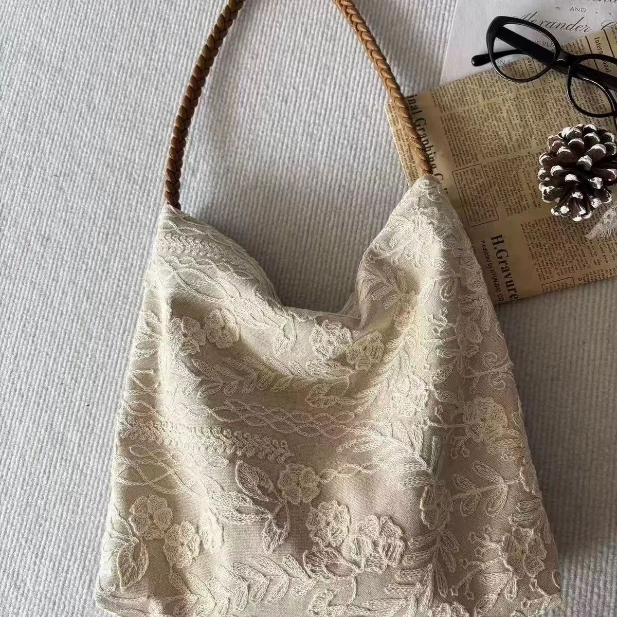 花刺繍 ショルダー トートバッグ