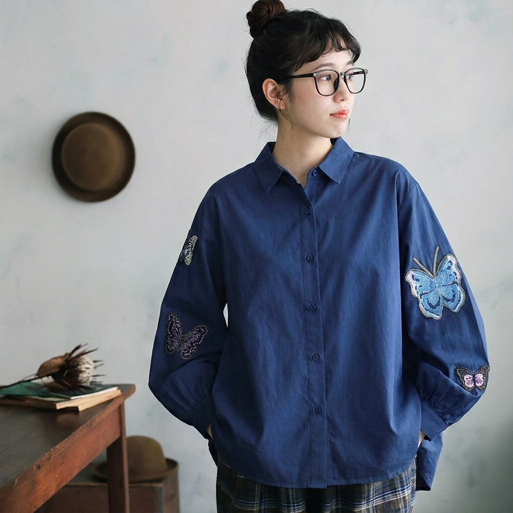 ちょっと遊んで蝶々刺繍シャツ バルーンスリーブ 長袖 ラウンドネック 刺繍 シャツ