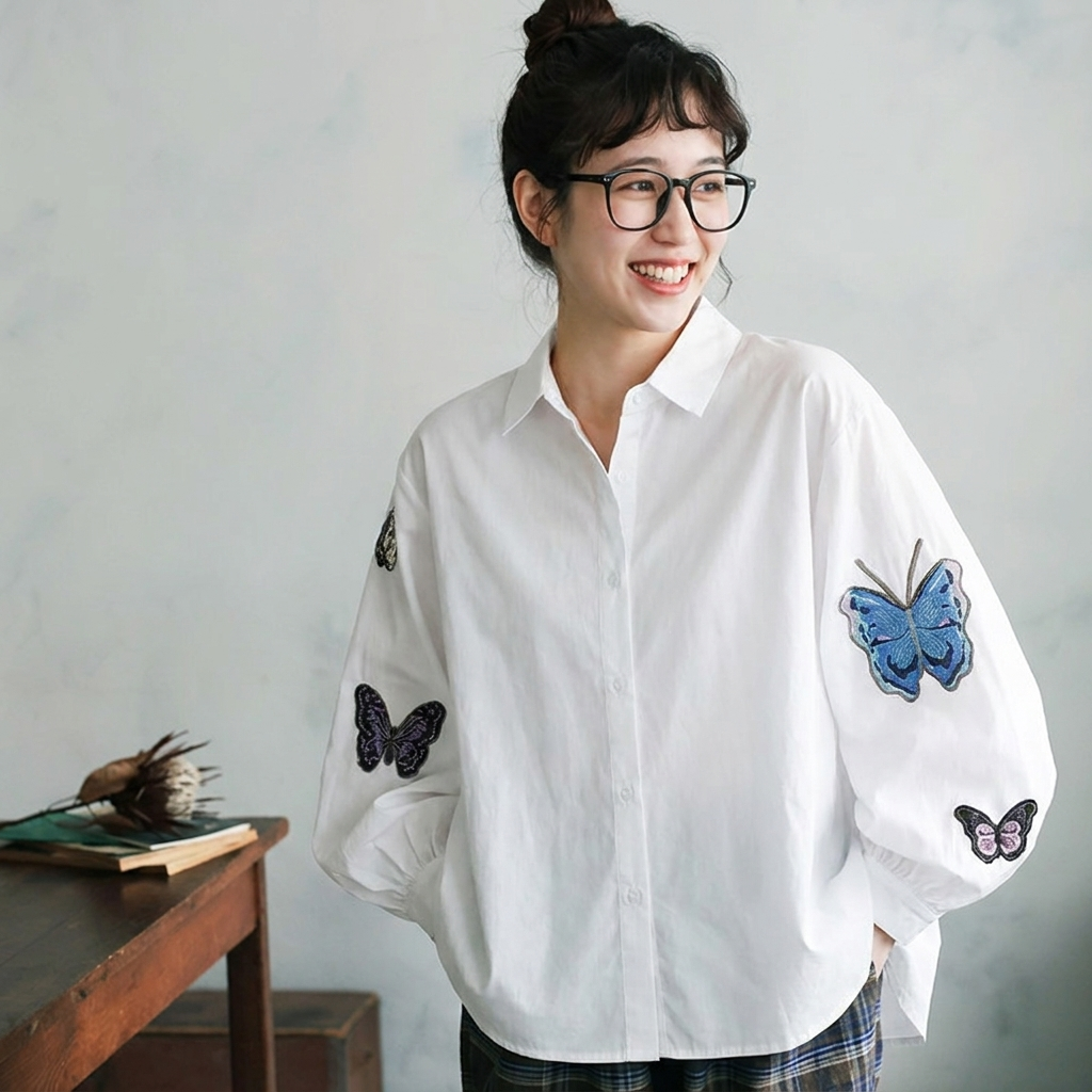 ちょっと遊んで蝶々刺繍シャツ バルーンスリーブ 長袖 ラウンドネック 刺繍 シャツ