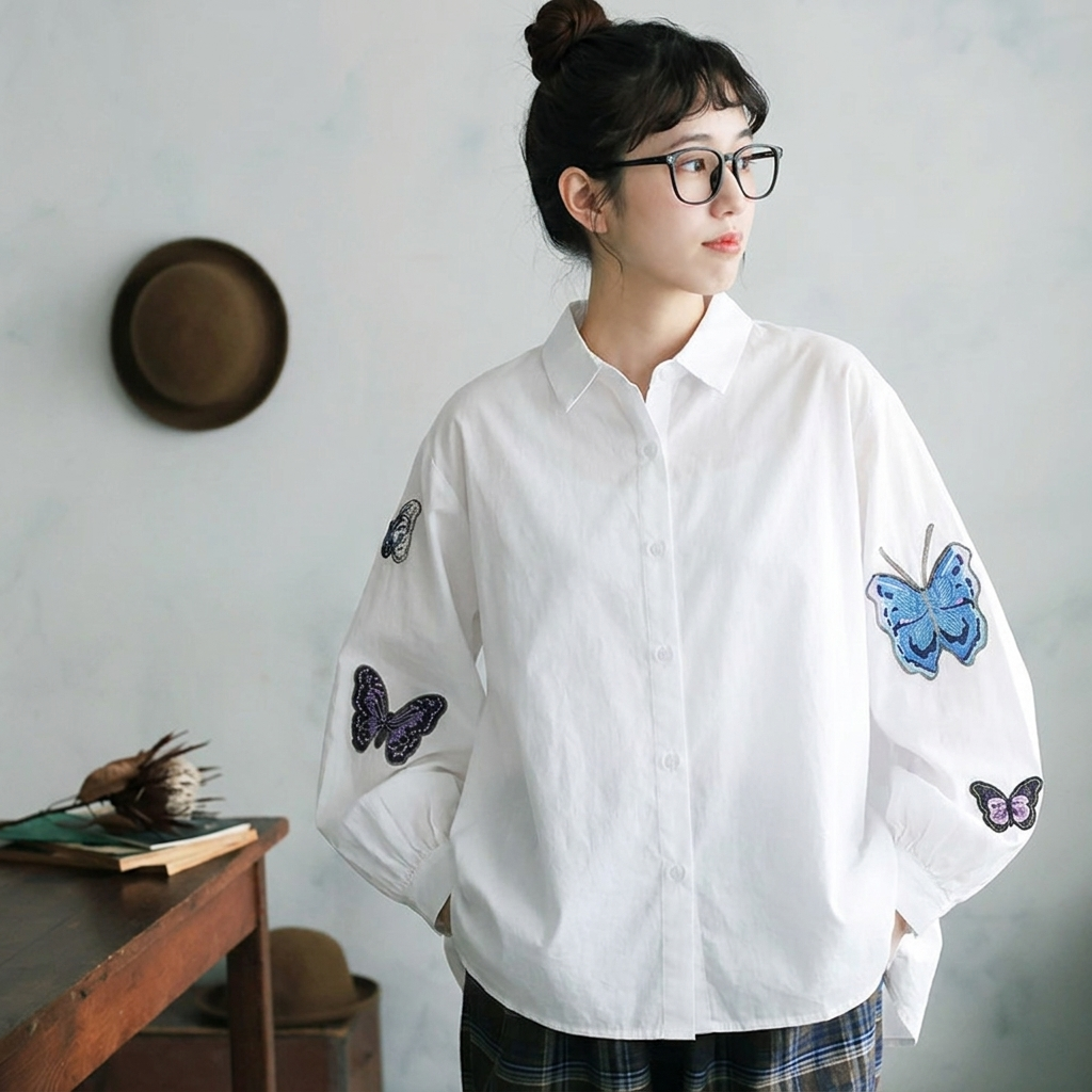 ちょっと遊んで蝶々刺繍シャツ バルーンスリーブ 長袖 ラウンドネック 刺繍 シャツ